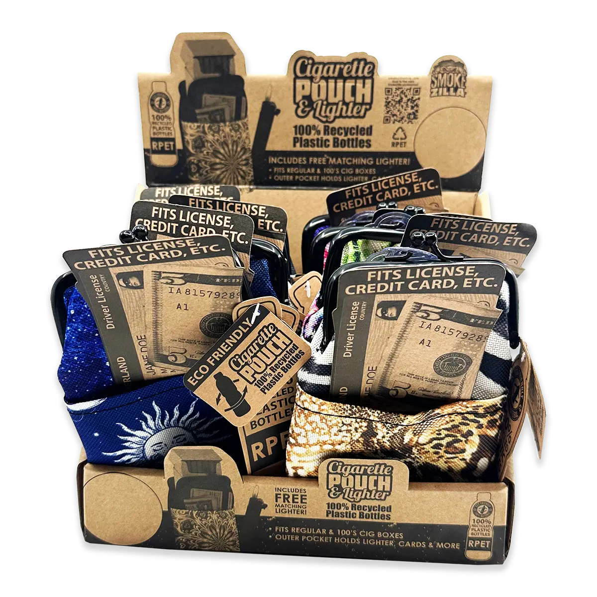 rPET Cigarette Pouch with Matching Lighter - 8 Pieces Per Retail Ready Display 23049 SMOKEZILLA