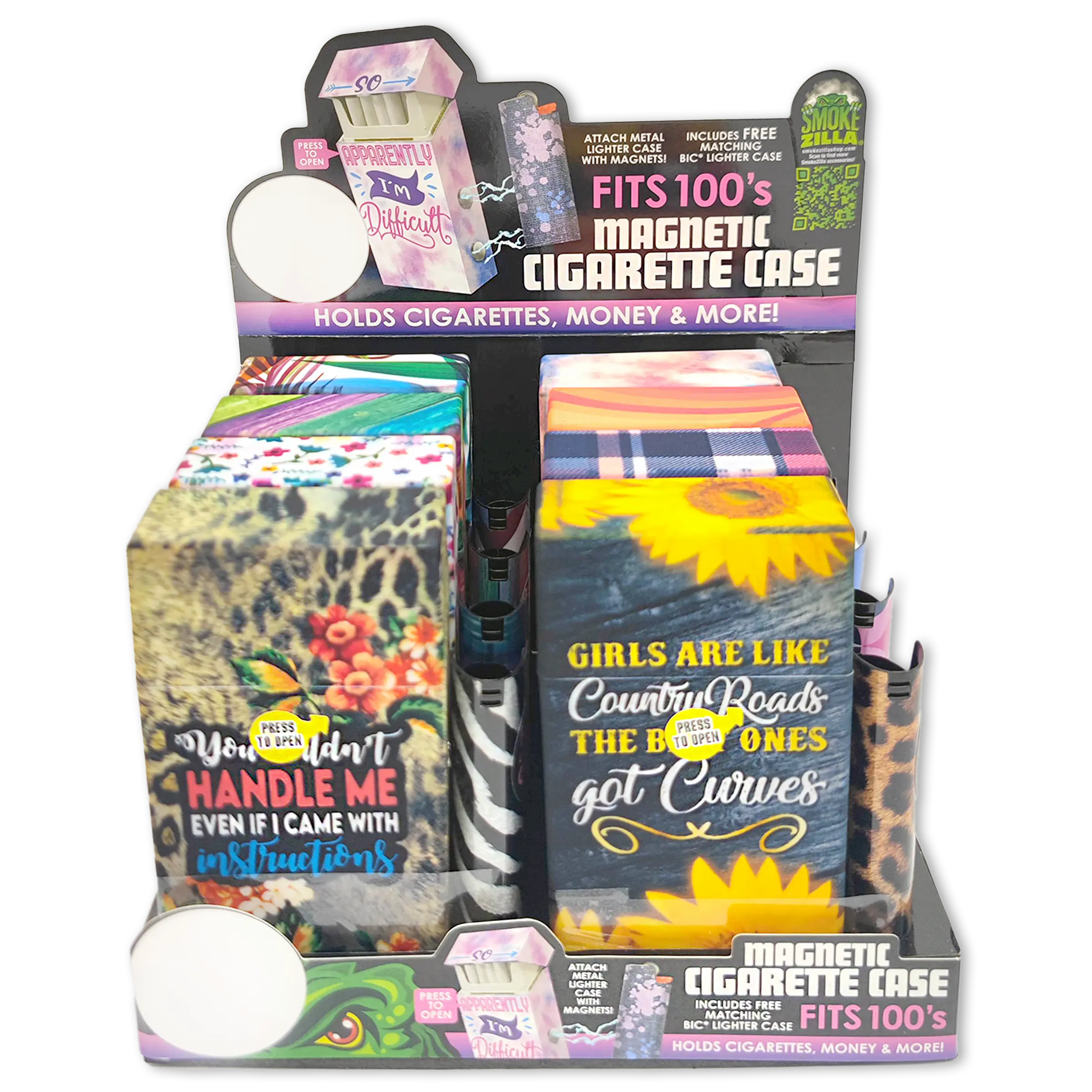 100s Cigarette Storage Case With Magnetic Lighter Case - 8 Pieces Per Retail Ready Display 23545 SMOKEZILLA