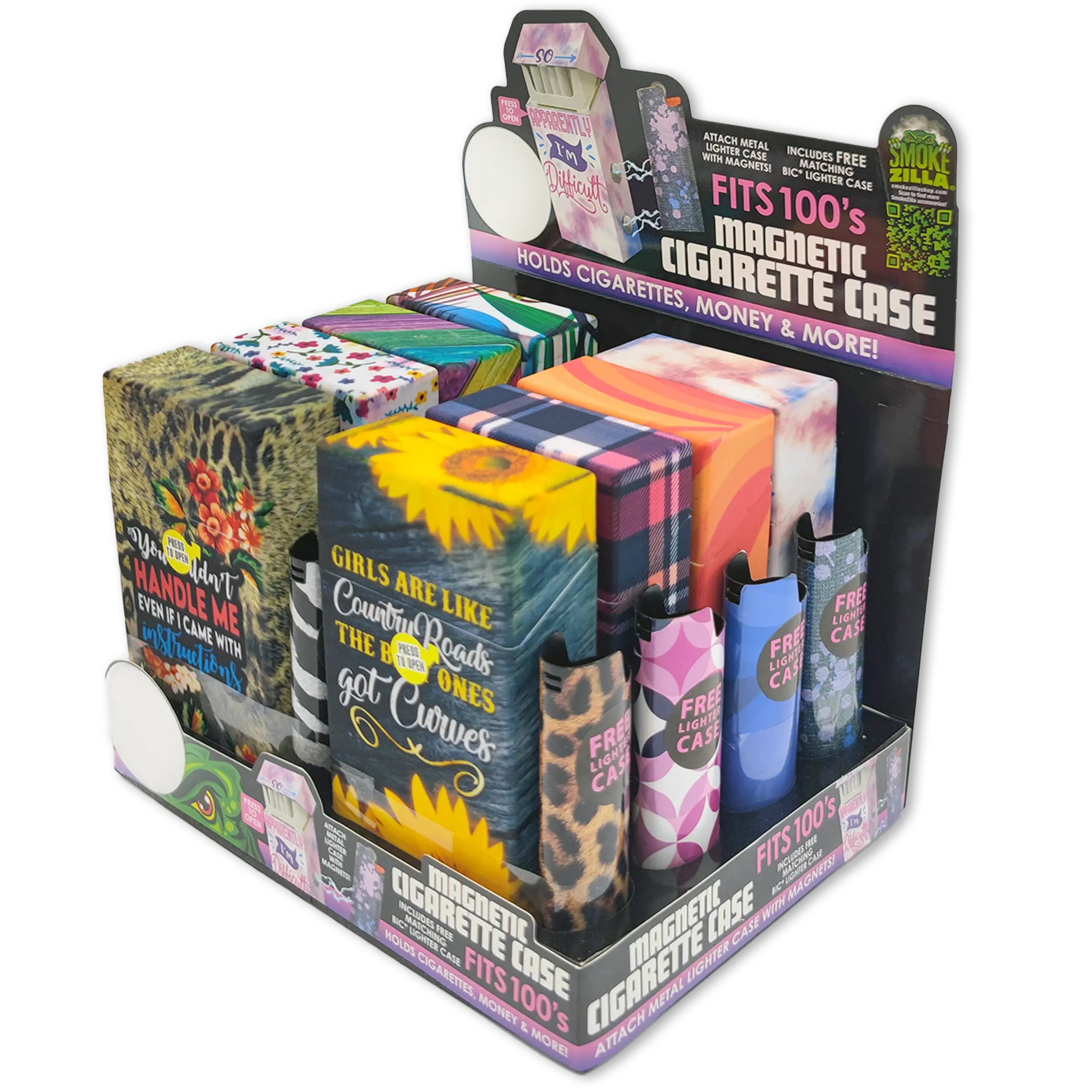 100s Cigarette Storage Case With Magnetic Lighter Case - 8 Pieces Per Retail Ready Display 23545 SMOKEZILLA