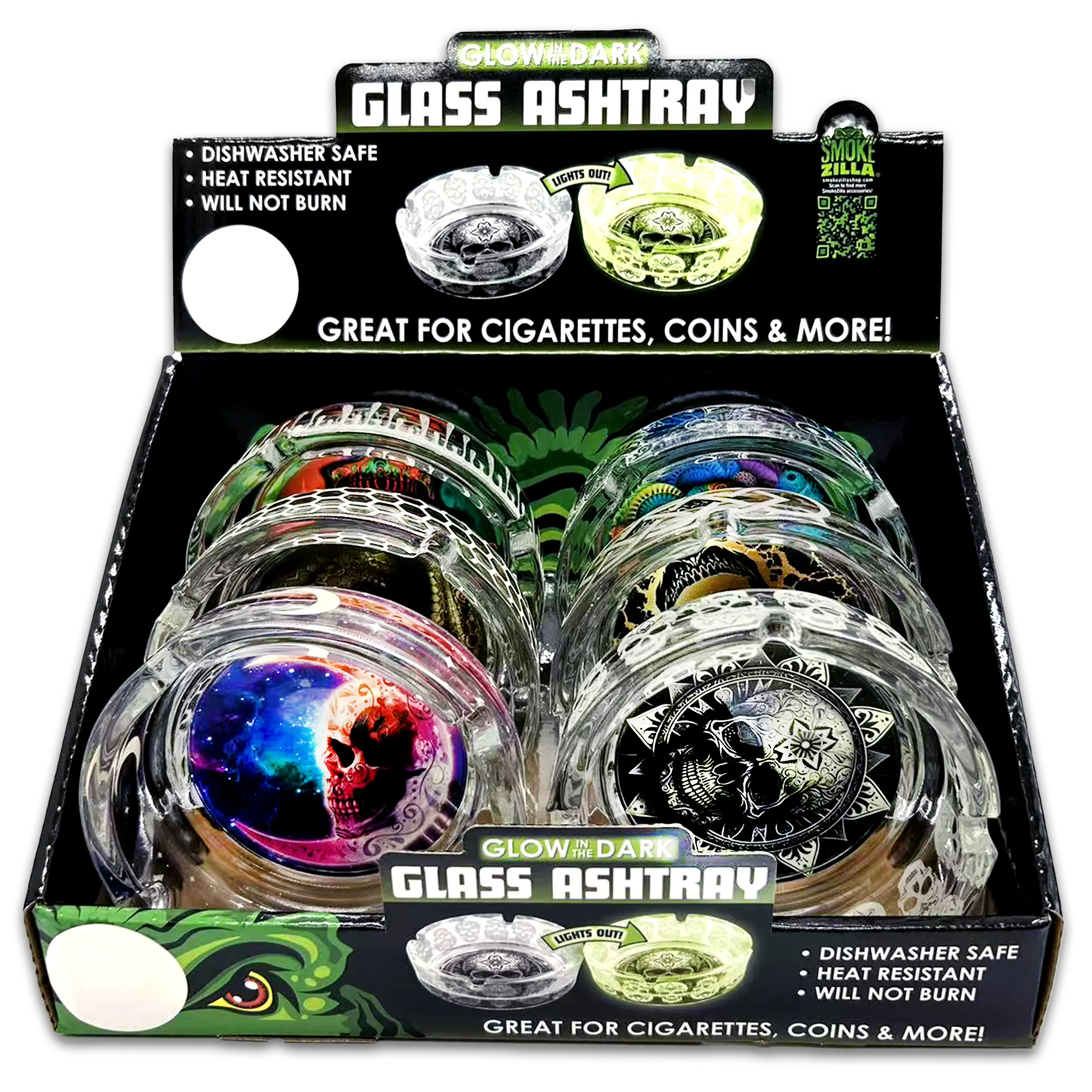 Glow in The Dark Glass Ashtray - 6 Pieces Per Retail Ready Display 23719 SMOKEZILLA