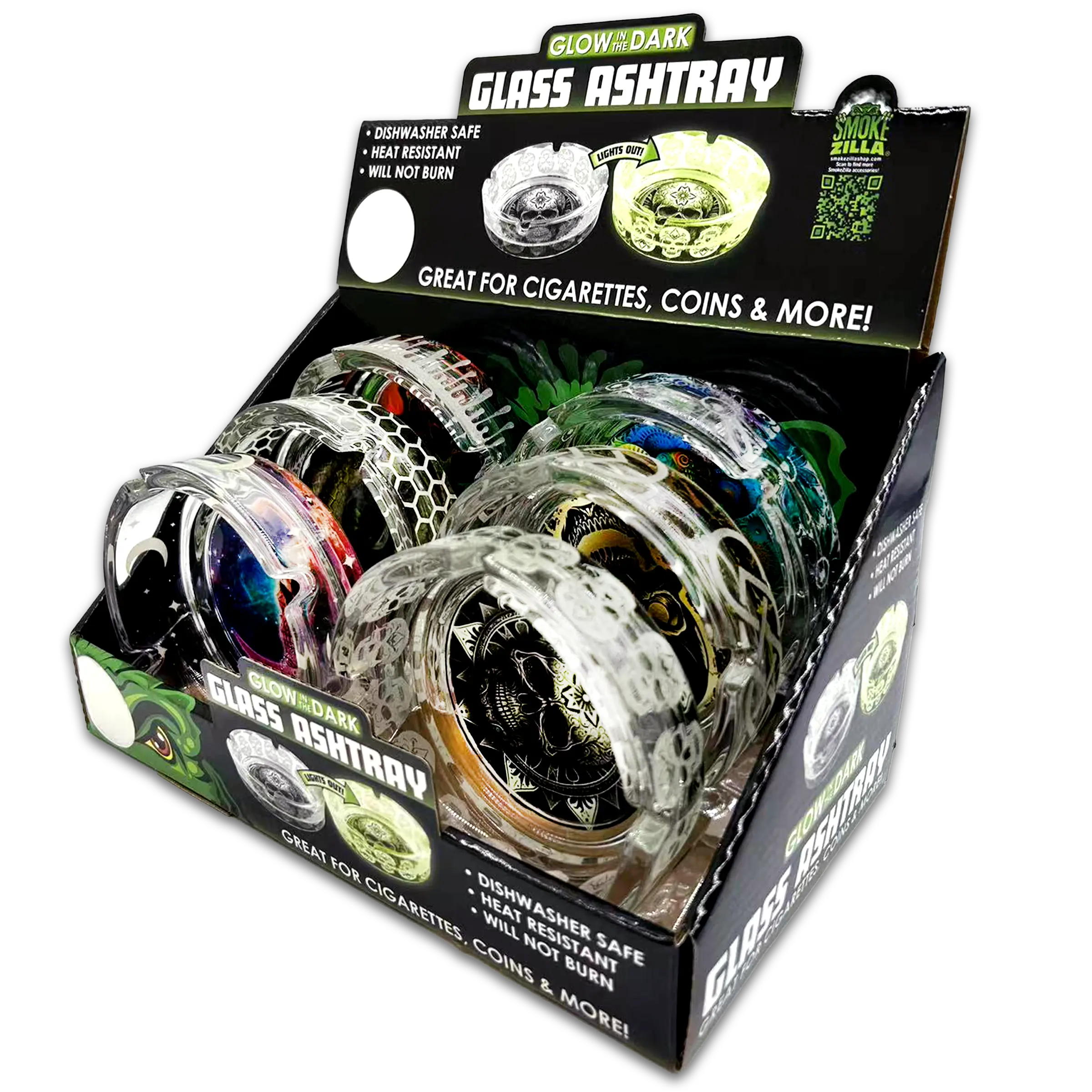 Glow in The Dark Glass Ashtray - 6 Pieces Per Retail Ready Display 23719 SMOKEZILLA