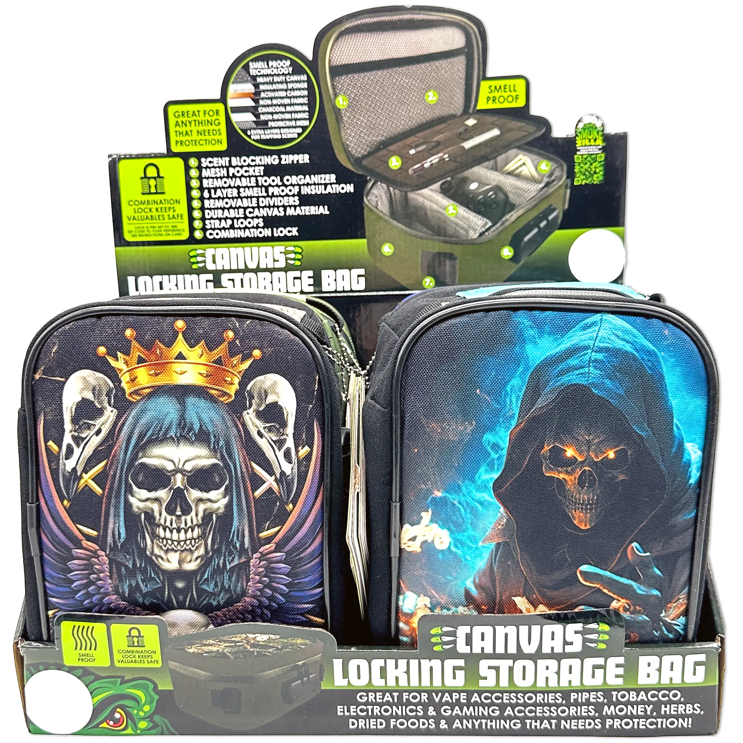 Smell Proof Canvas Printed Lock Bag with Tool Organizer - 4 Pieces Per Retail Ready Display 23720 SMOKEZILLA