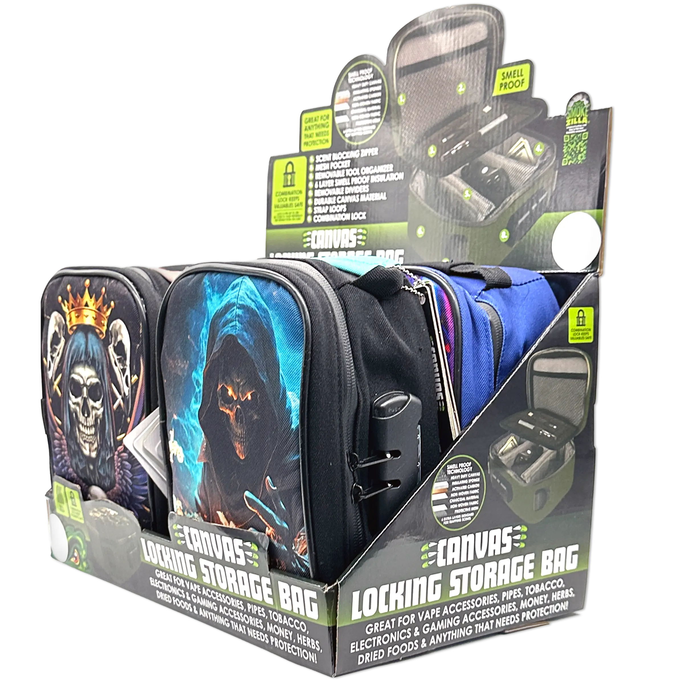 Smell Proof Canvas Printed Lock Bag with Tool Organizer - 4 Pieces Per Retail Ready Display 23720 SMOKEZILLA