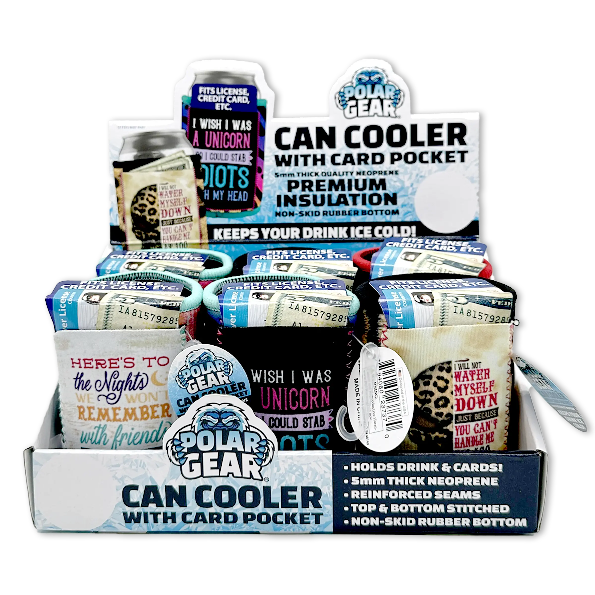 Neoprene Can and Bottle Cooler with Card Pocket - 6 Pieces Per Retail Ready Display 23737 POLAR GEAR