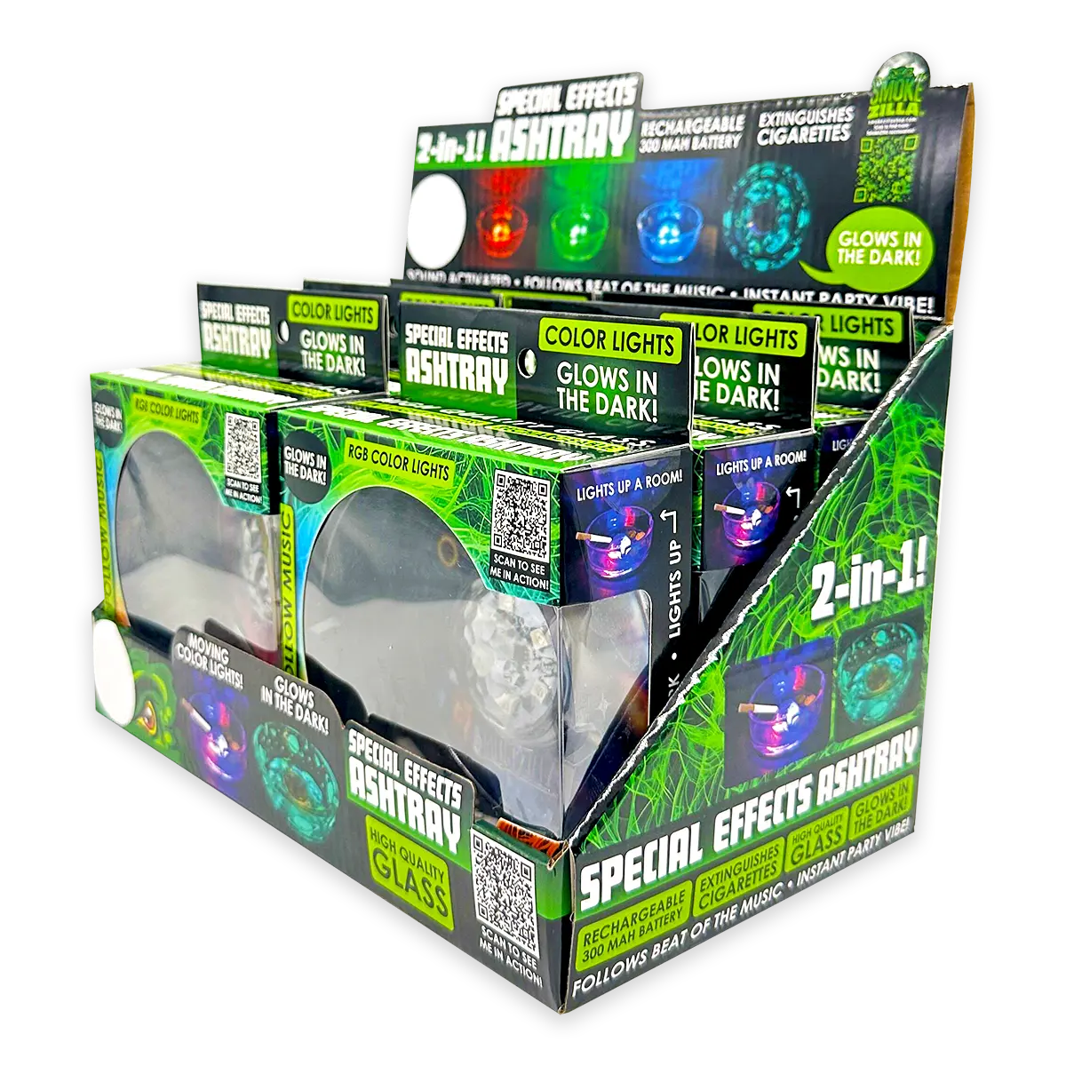 Light-Up Glass Ashtray with Multi-Color LED Lights - 6 Pieces Per Retail Ready Display 23744 SMOKEZILLA