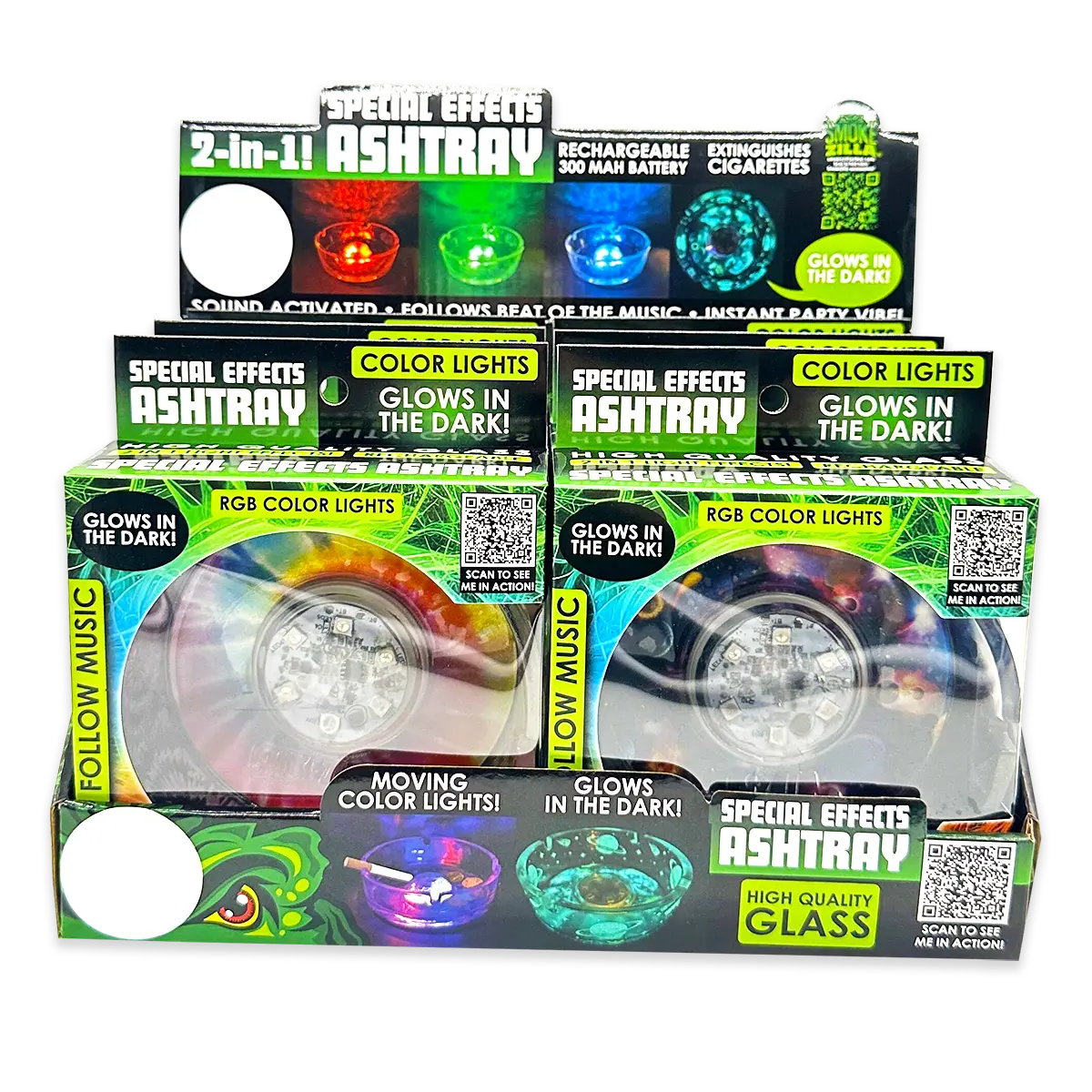Light-Up Glass Ashtray with Multi-Color LED Lights - 6 Pieces Per Retail Ready Display 23744 SMOKEZILLA
