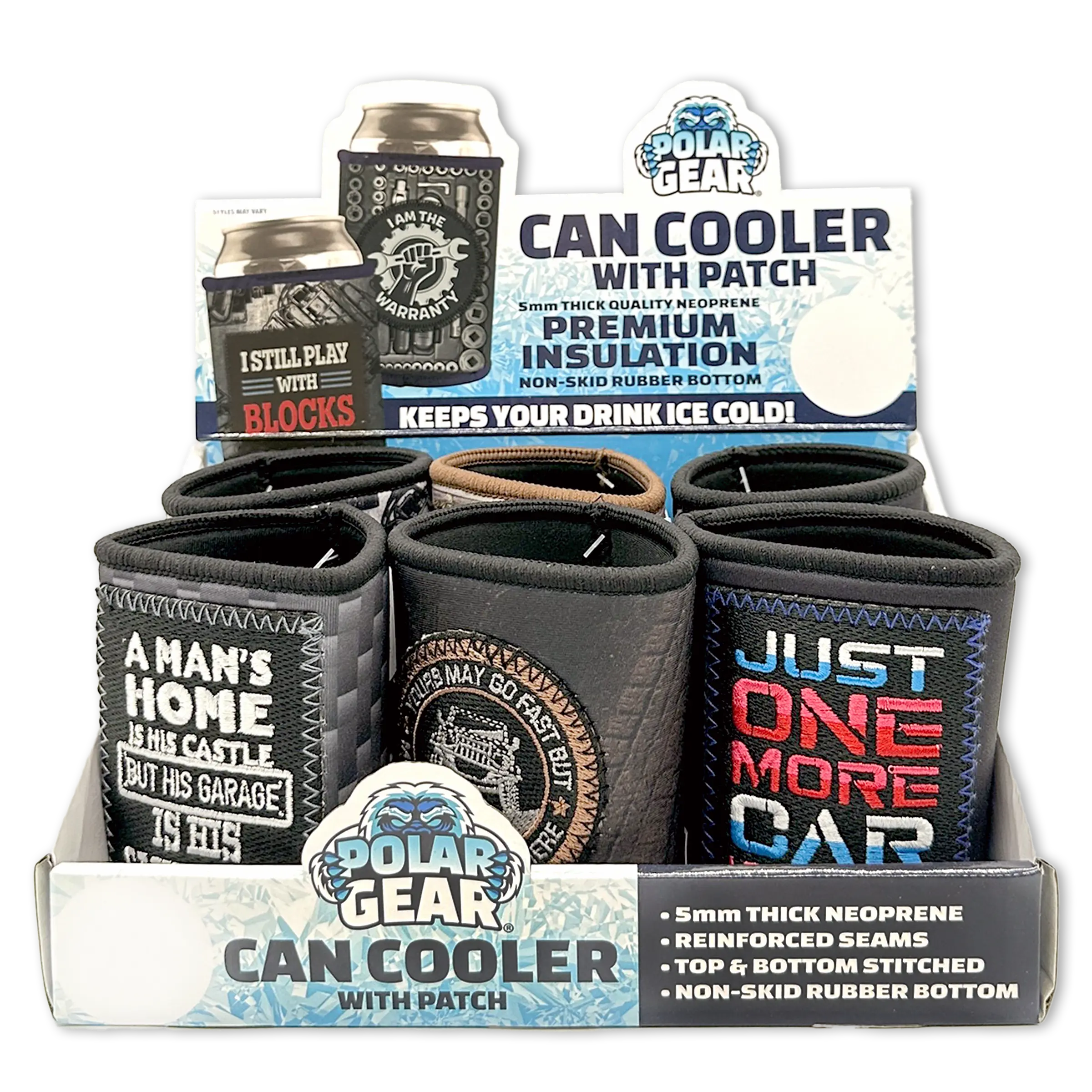 Neoprene Can and Bottle Cooler with Patch - 6 Per Retail Ready Display 23748 POLAR GEAR