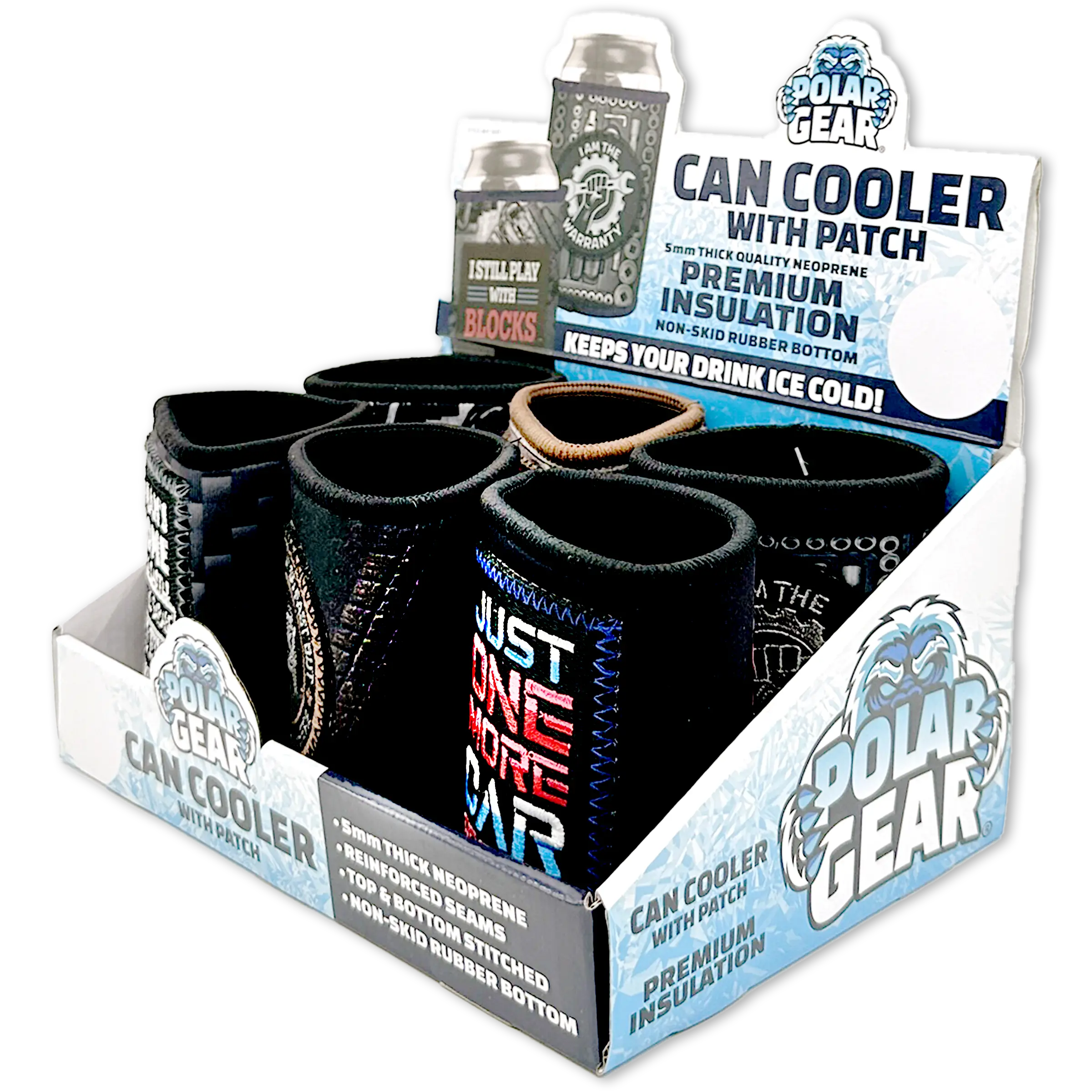 Neoprene Can and Bottle Cooler with Patch - 6 Per Retail Ready Display 23748 POLAR GEAR