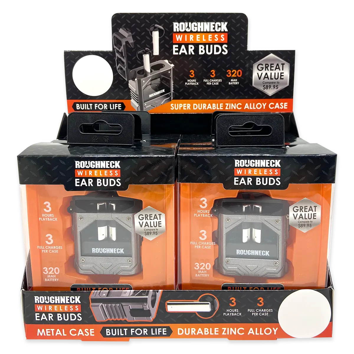 Wireless Earbuds Heavy Duty Metal with Case - 6 Pieces Per Retail Ready Display 23750 ROUGHNECK