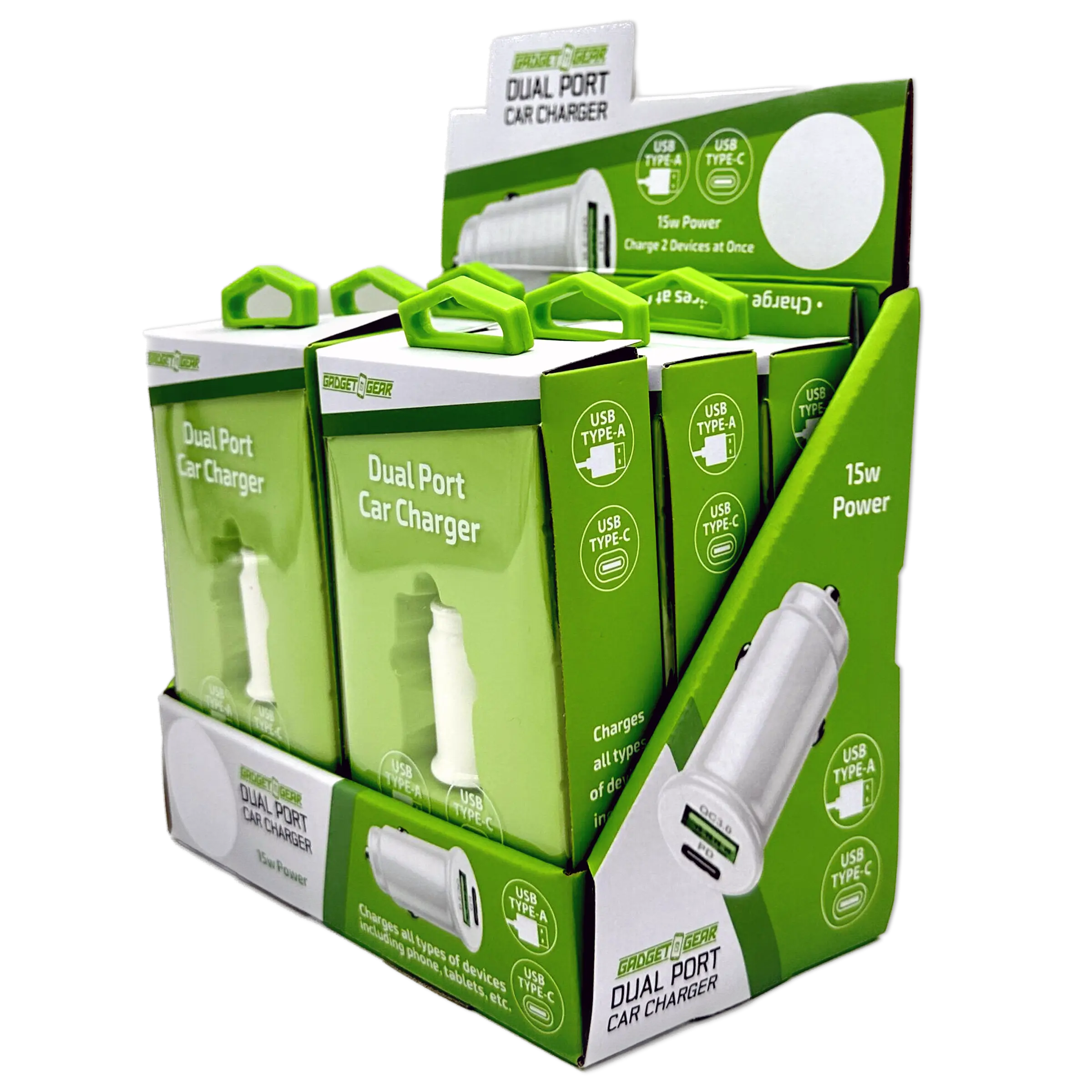 Car Charger  DC Dual Port USB / USB-C 15 Watts - 6 Pieces Per Retail Ready Display 23759 GADGET GEAR