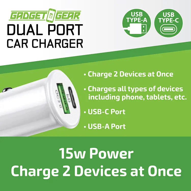 Car Charger  DC Dual Port USB / USB-C 15 Watts - 6 Pieces Per Retail Ready Display 23759 GADGET GEAR