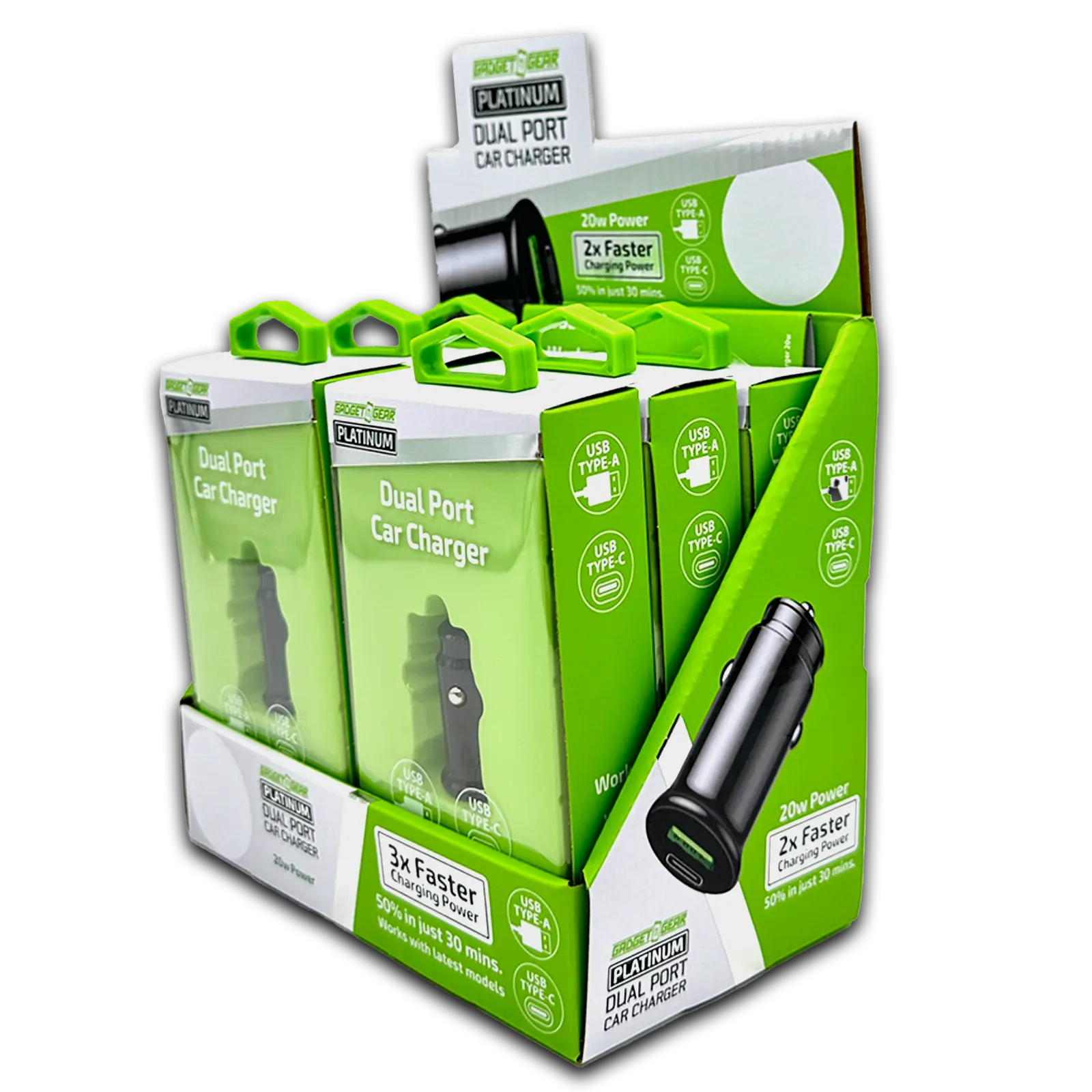 Car Charger Dual Port USB / USB-C 20 Watts - 6 Pieces Per Retail Ready Display 23760 GADGET GEAR