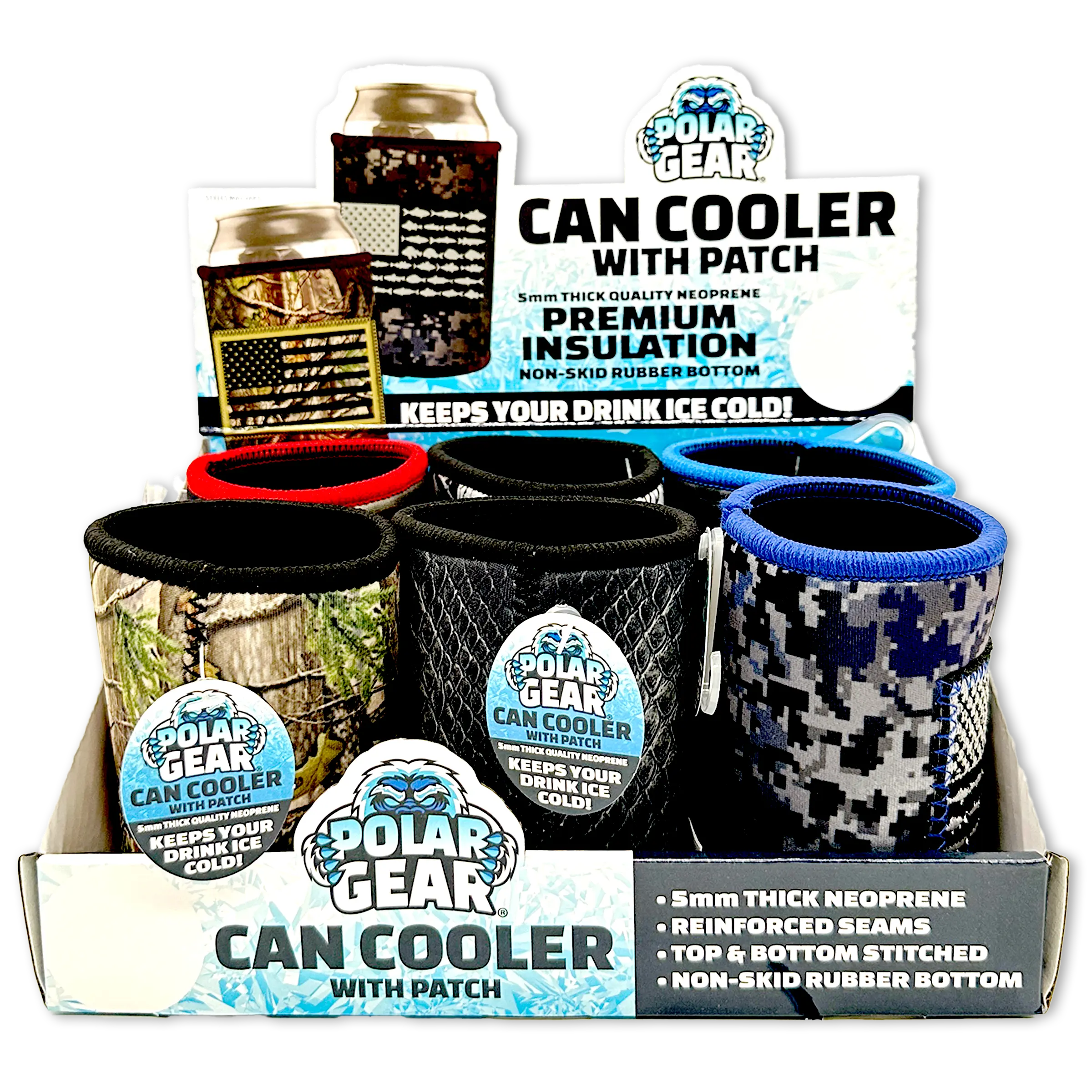 Patriotic Neoprene Can and Bottle Cooler with Patch - 6 Per Retail Ready Display 23761 POLAR GEAR