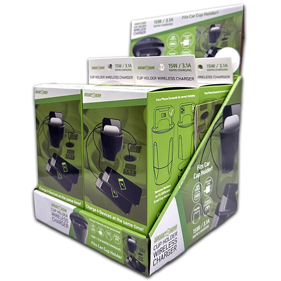 Cup Holder Multi-Port Wireless Charger - 4 Pieces Per Retail Ready Display 23765 GADGET GEAR