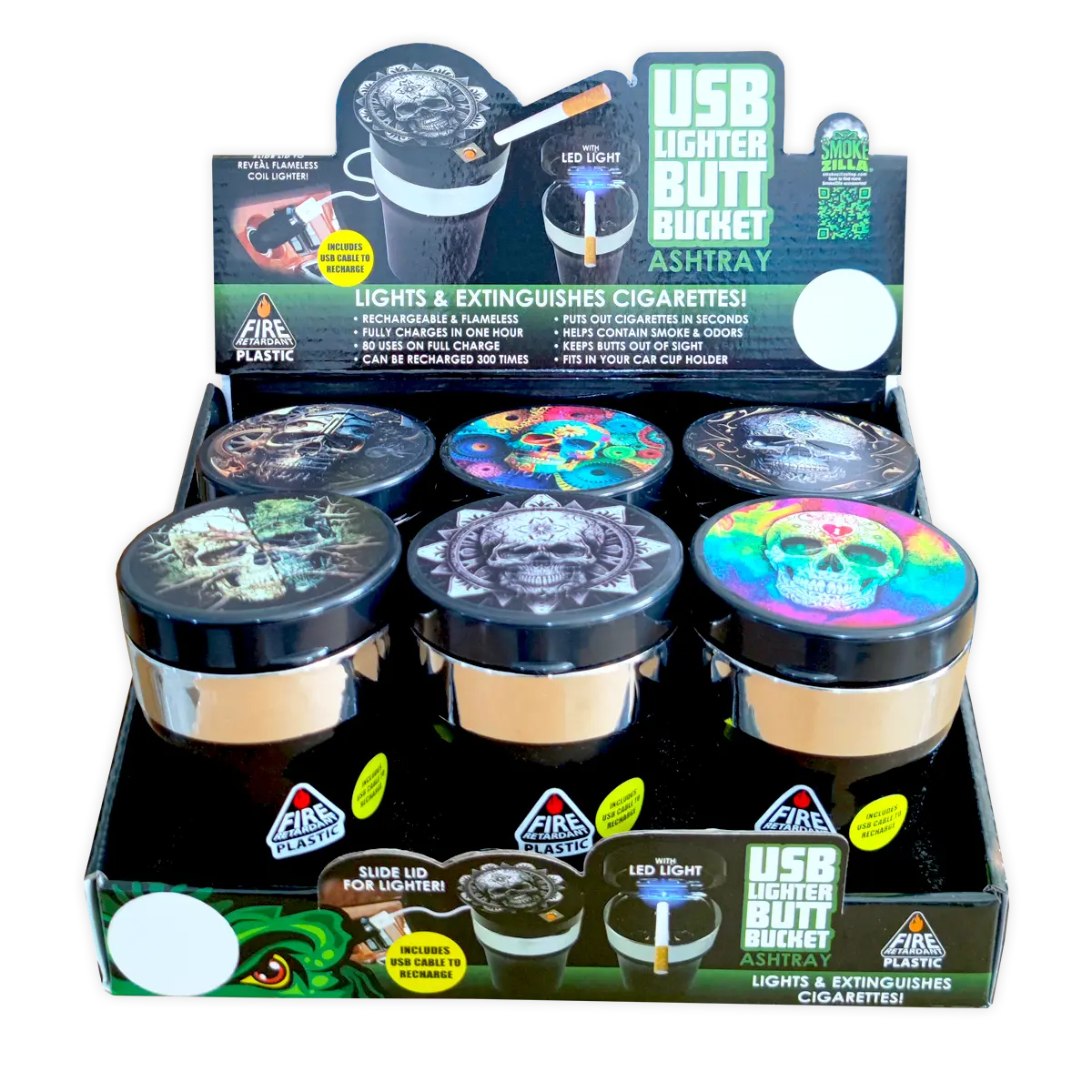 Printed Lid Butt Bucket Ashtray With Usb Coil Lighter & LED Light - 6 Per Retail Ready Wholesale Display 23805 SMOKEZILLA
