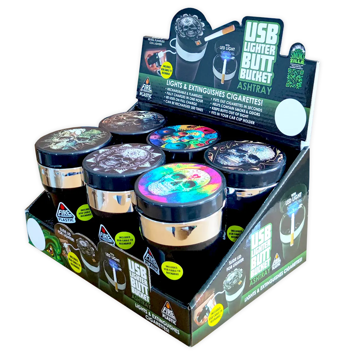 Printed Lid Butt Bucket Ashtray With Usb Coil Lighter & LED Light - 6 Per Retail Ready Wholesale Display 23805 SMOKEZILLA