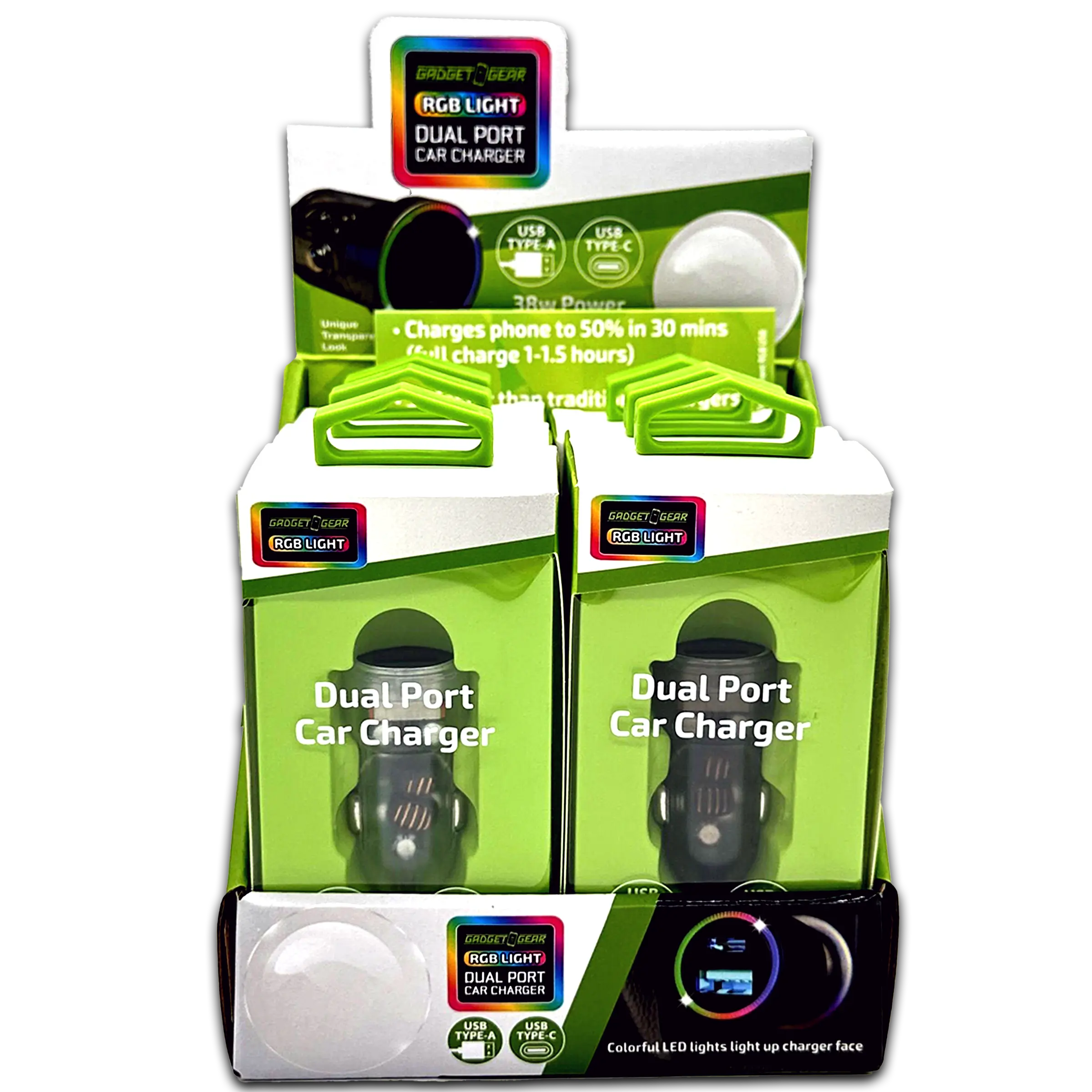 Car Charger  DC Dual Port USB / USB-C with Rgb Light Effects - 6 Pieces Per Retail Ready Display 23878 GADGET GEAR