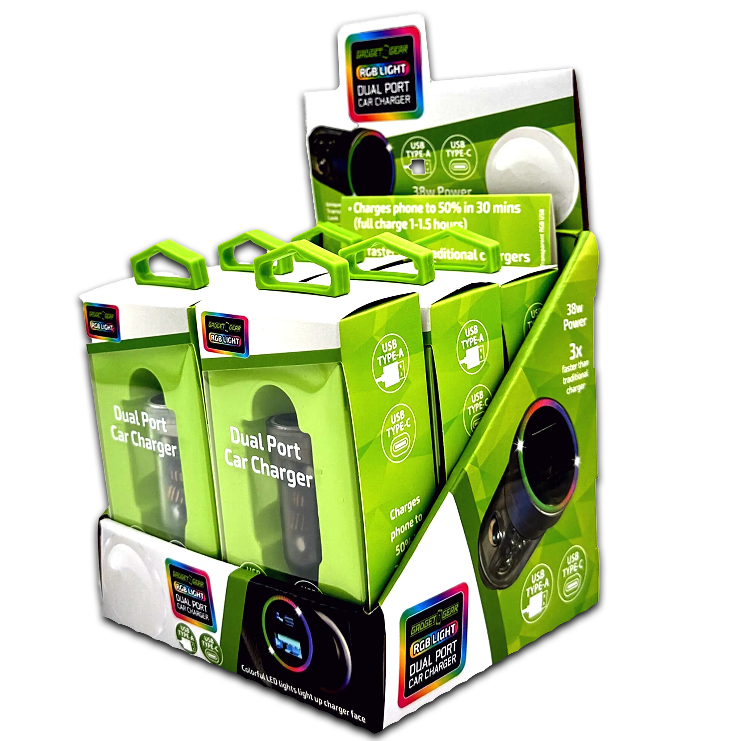 Car Charger  DC Dual Port USB / USB-C with Rgb Light Effects - 6 Pieces Per Retail Ready Display 23878 GADGET GEAR