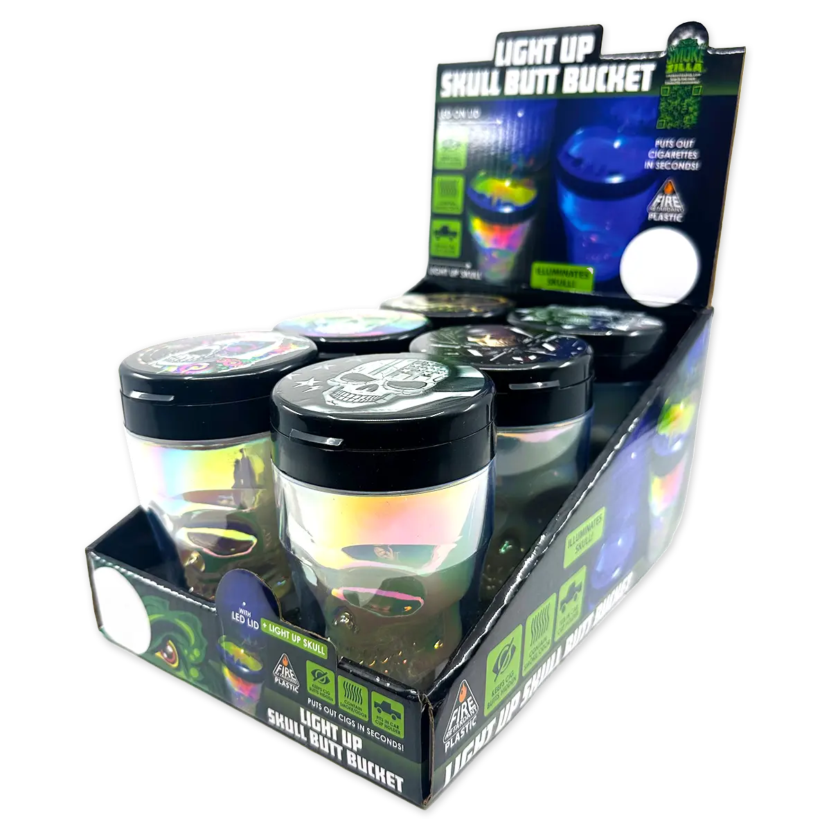 Printed Lid Light-Up Skull Butt Bucket Ashtray - 6 Pieces Per Retail Ready Display 23981 SMOKEZILLA