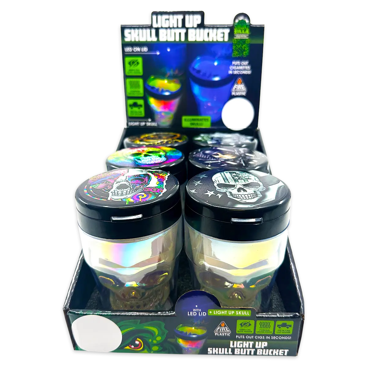 Printed Lid Light-Up Skull Butt Bucket Ashtray - 6 Pieces Per Retail Ready Display 23981 SMOKEZILLA