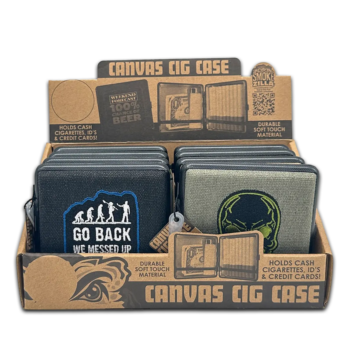 Canvas and Metal Cigarette Case with Hinge - 8 Pieces Per Retail Ready Display 23985 SMOKEZILLA
