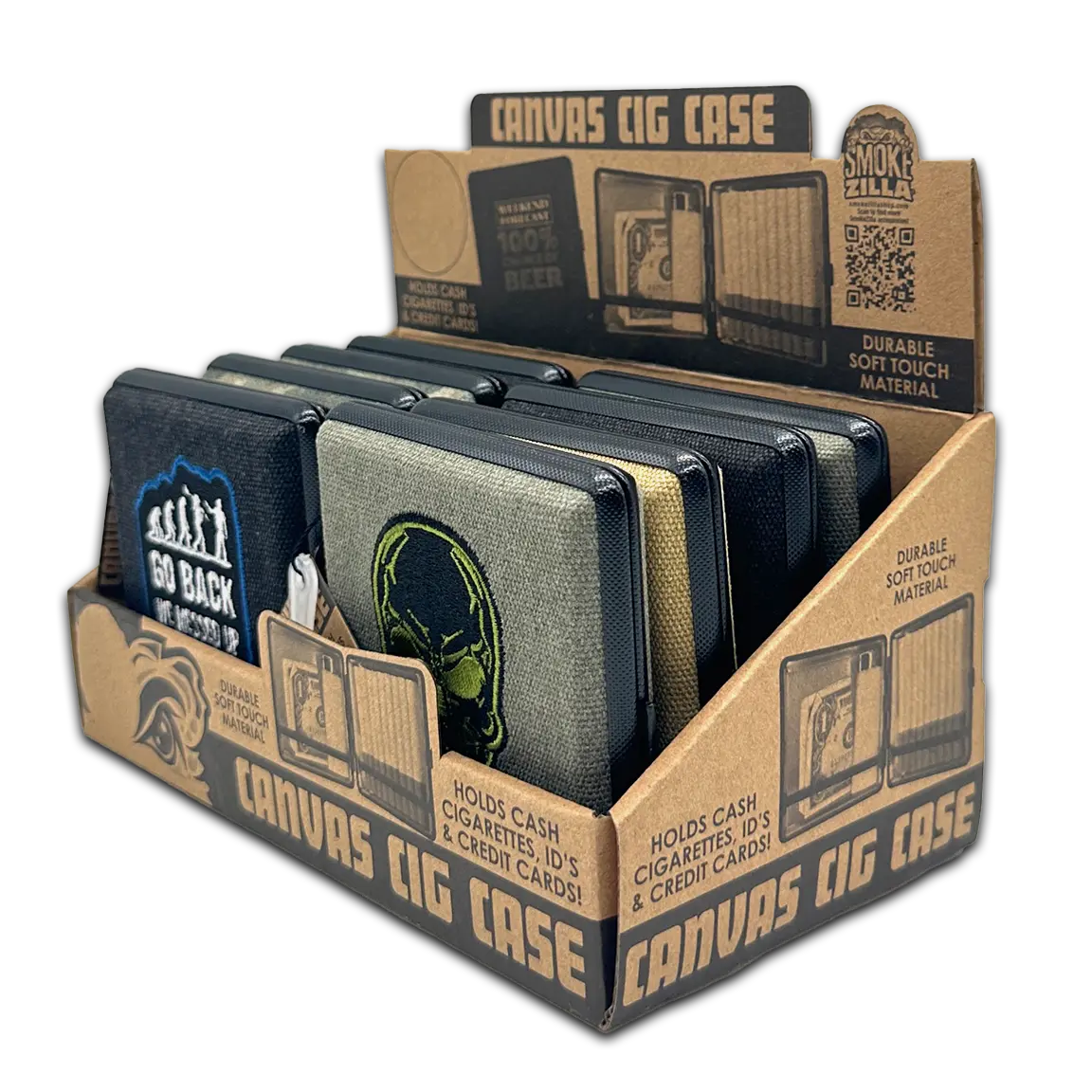 Canvas and Metal Cigarette Case with Hinge - 8 Pieces Per Retail Ready Display 23985 SMOKEZILLA