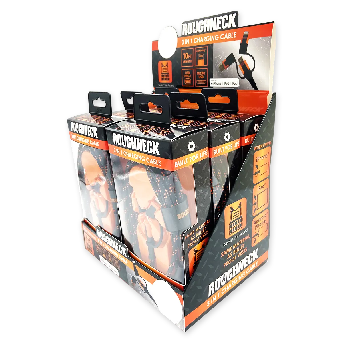 Charging Cable 3 in 1 Multi-Head USB to USB-C / Lightning / Micro USB 10FT 2.4 Amp - 6 Pieces Per Retail Ready Display 24072 ROUGHNECK