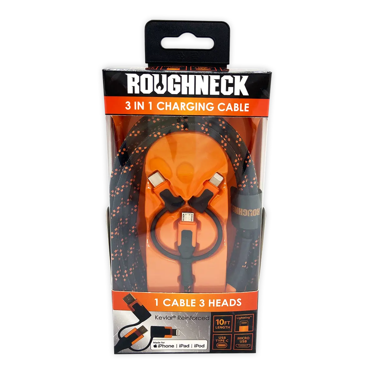 Charging Cable 3 in 1 Multi-Head USB-to-USB-C / Lightning / Micro USB 10FT 2.4 Amp - 4 Pieces Per Pack 24171 ROUGHNECK
