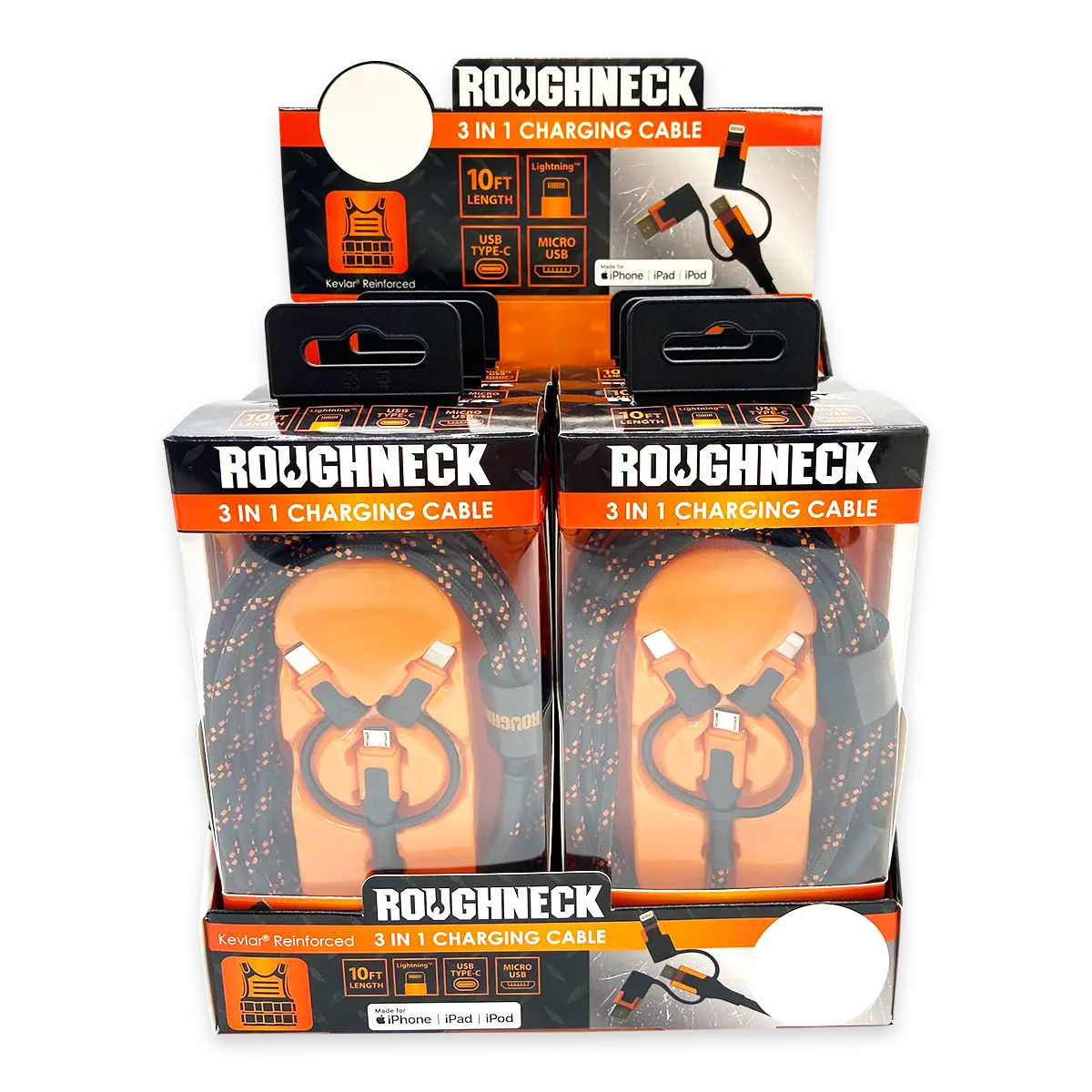 Charging Cable 3 in 1 Multi-Head USB to USB-C / Lightning / Micro USB 10FT 2.4 Amp - 6 Pieces Per Retail Ready Display 24072 ROUGHNECK