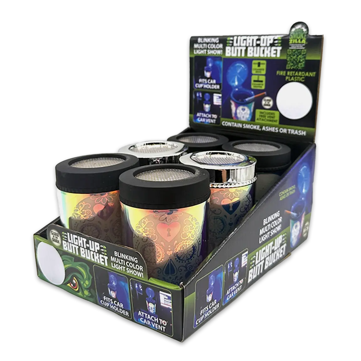 Light Show Butt Bucket Ashtray with Multi-Color LED Lights - 6 Pieces Per Retail Ready Display 24111 SMOKEZILLA