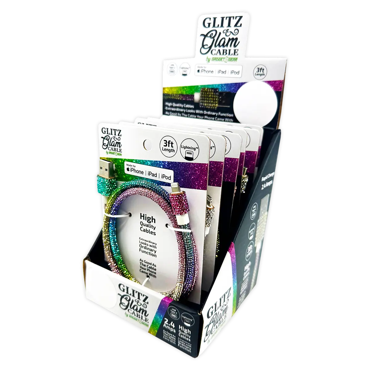 Charging Cable  3FT 2.4Amp Glitz N Glam Assortment - 6 Pieces Per Retail Ready Display 24130 GADGET GEAR