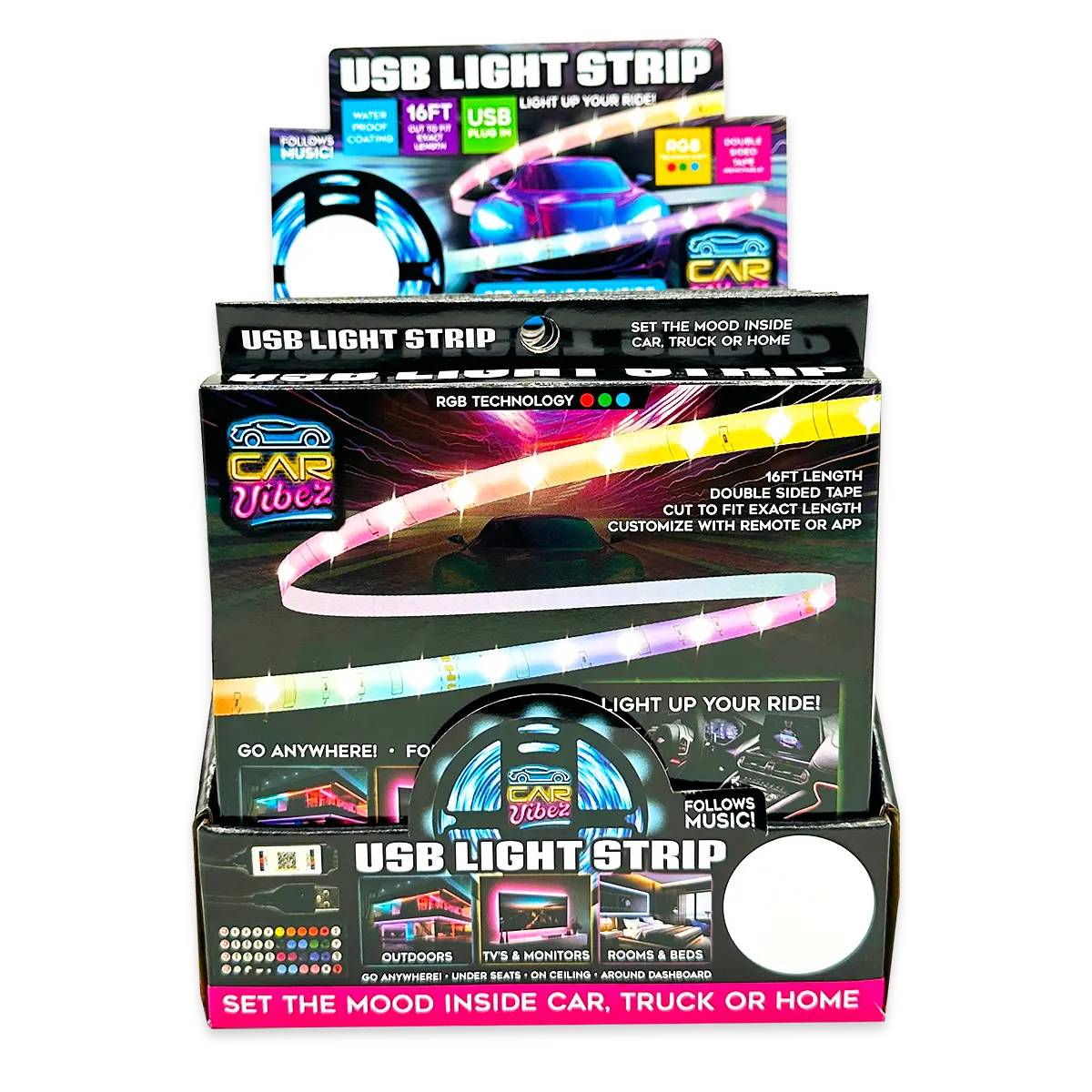 Mood Light Strip USB with Remote 16FT - 6 Pieces Per Retail Ready Display 24338 CAR VIBEZ