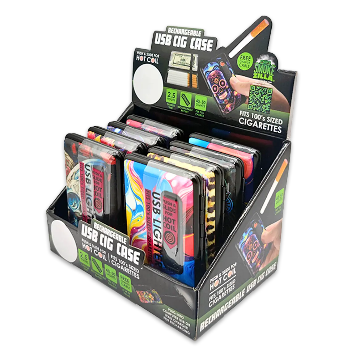 100s Cigarette Case with USB Coil Lighter - 8 Pieces Per Retail Ready Display  24362 SMOKEZILLA