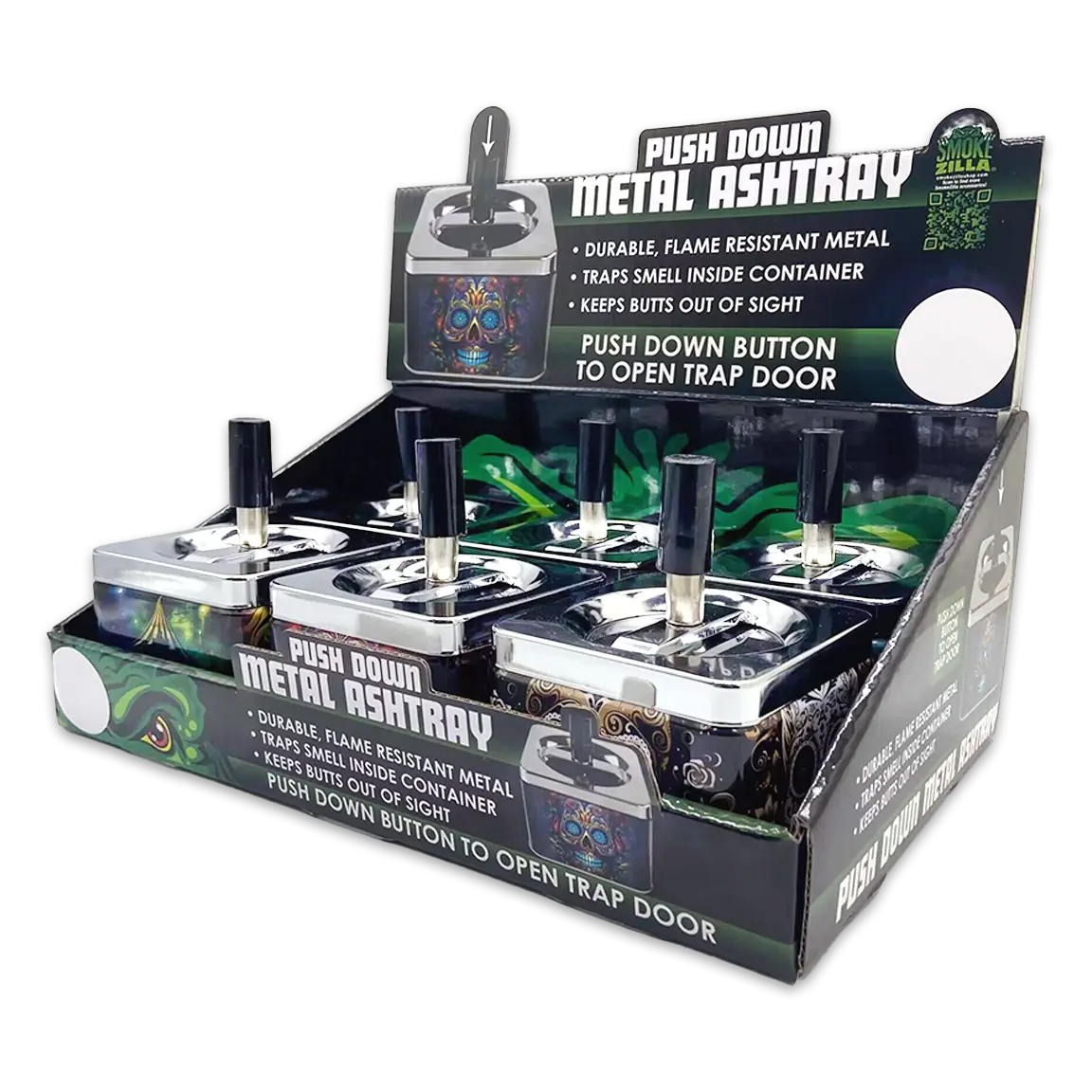 Push Down Metal Ashtray- 6 Per Retail Ready Wholesale Display 24446 SMOKEZILLA