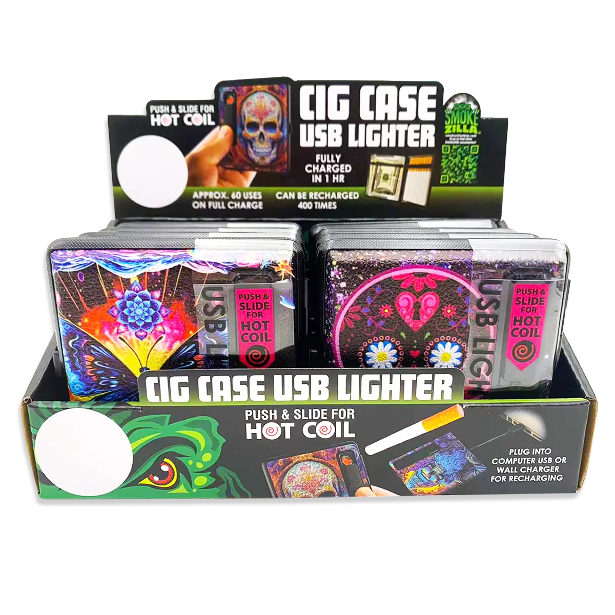 Cigarette Case with USB Coil Lighter - 8 Pieces Per Retail Ready Display 24689 SMOKEZILLA