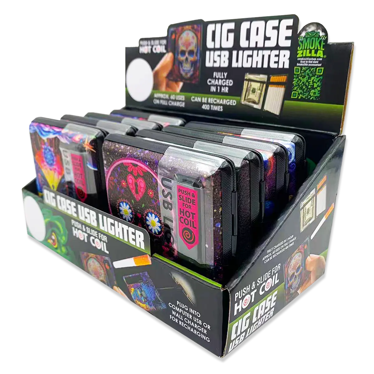 Cigarette Case with USB Coil Lighter - 8 Pieces Per Retail Ready Display 24689 SMOKEZILLA