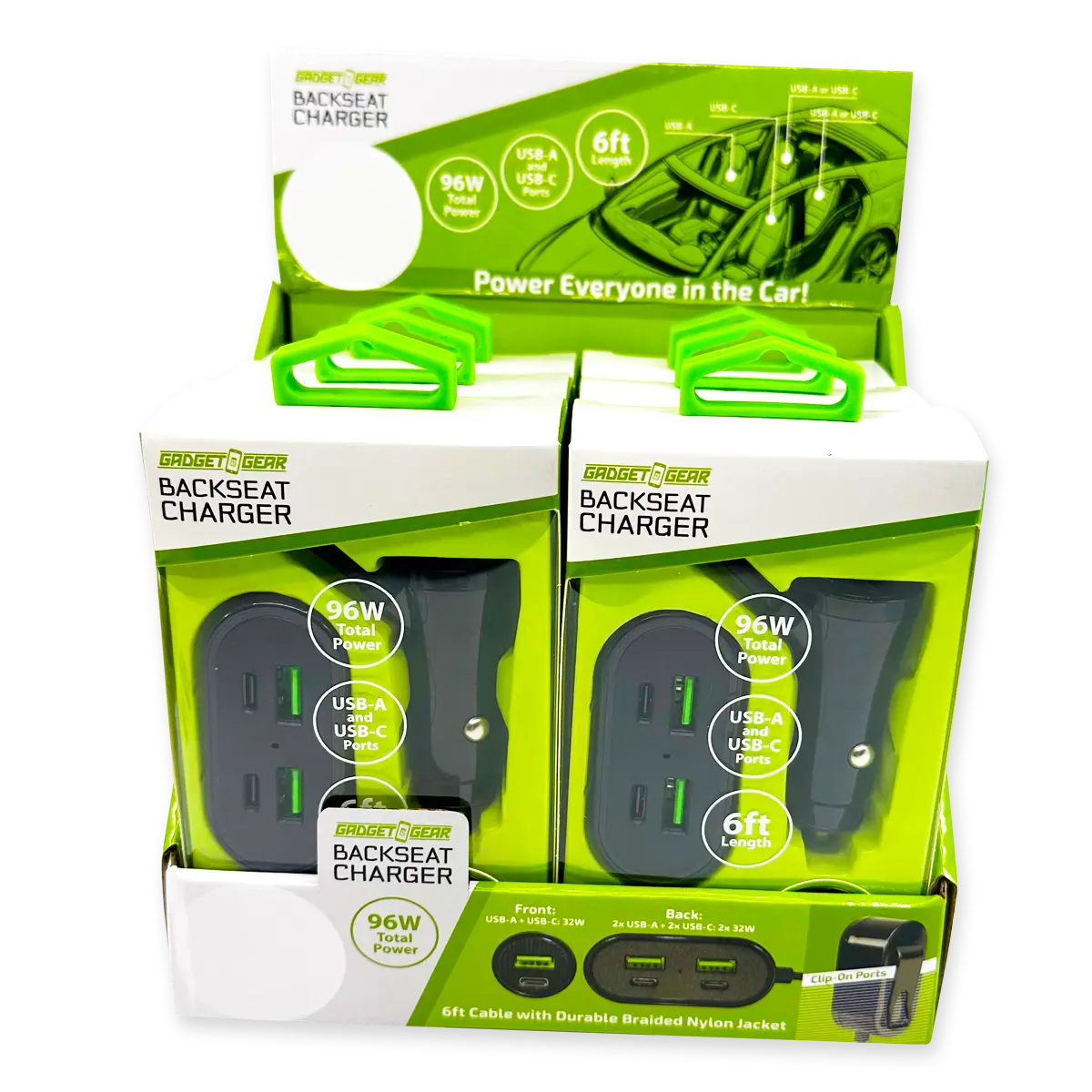 Backseat Car Charger 6 Port USB / USB-C 6FT 96 Watts - 6 Pieces Per Retail Ready Display 24695 GADGET GEAR
