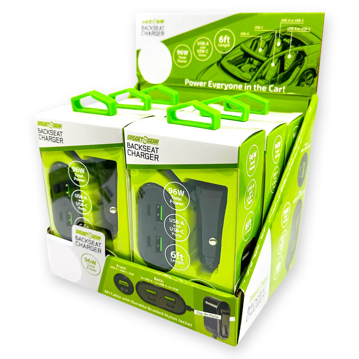 Backseat Car Charger 6 Port USB / USB-C 6FT 96 Watts - 6 Pieces Per Retail Ready Display 24695 GADGET GEAR