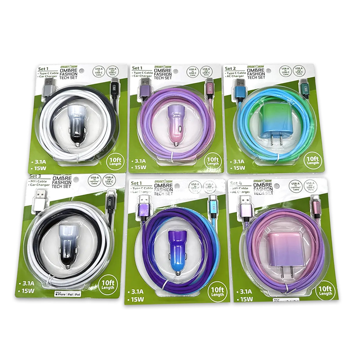 AC Wall and Car Charger Dual USB / USB-C Ports with USB-C and Lightning Charging Cable Assortment - 6 Pieces Per Retail Ready Display 24837 GADGET GEAR