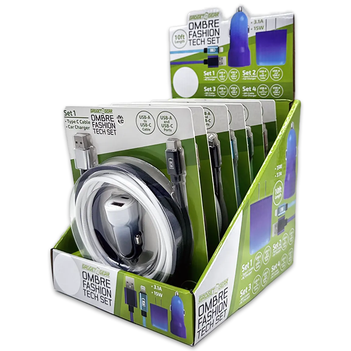 AC Wall and Car Charger Dual USB / USB-C Ports with USB-C and Lightning Charging Cable Assortment - 6 Pieces Per Retail Ready Display 24837 GADGET GEAR