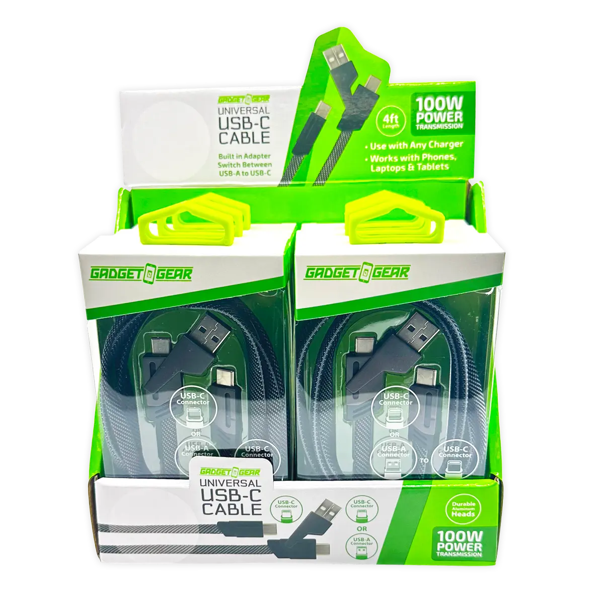 Charging Cable Multi-Head USB-C to USB-C with USB Adapter 4FT 100 Watts - 6 Pieces Per Retail Ready Display 25080 GADGET GEAR