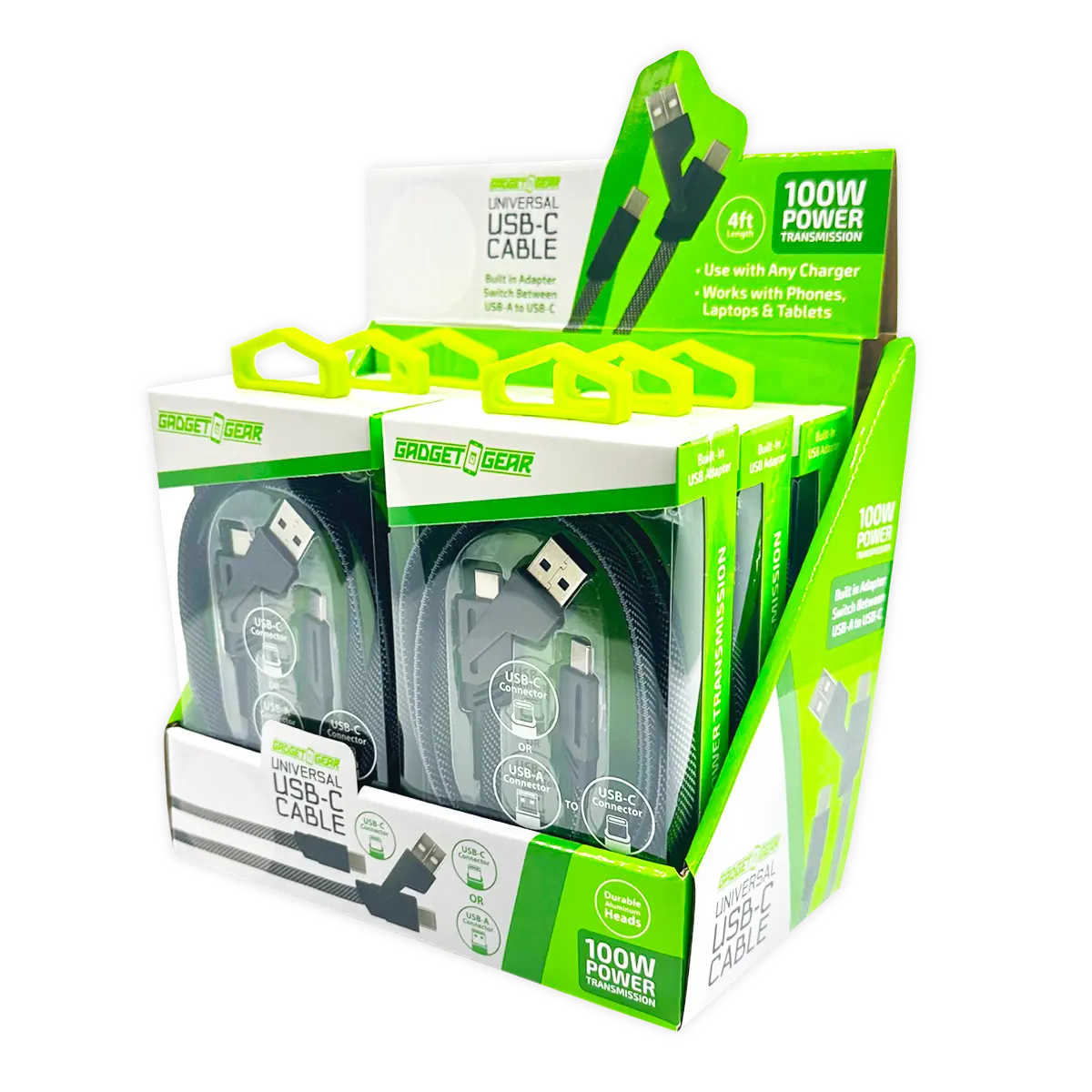 Charging Cable Multi-Head USB-C to USB-C with USB Adapter 4FT 100 Watts - 6 Pieces Per Retail Ready Display 25080 GADGET GEAR