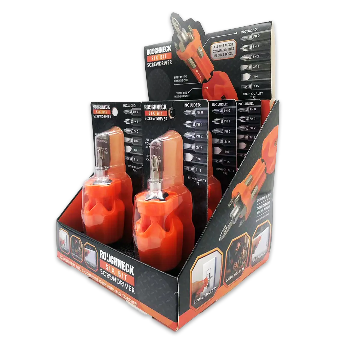 Screwdriver Short Handle with 6 Bits - 6 Pieces Per Retail Ready Display 25087 ROUGHNECK