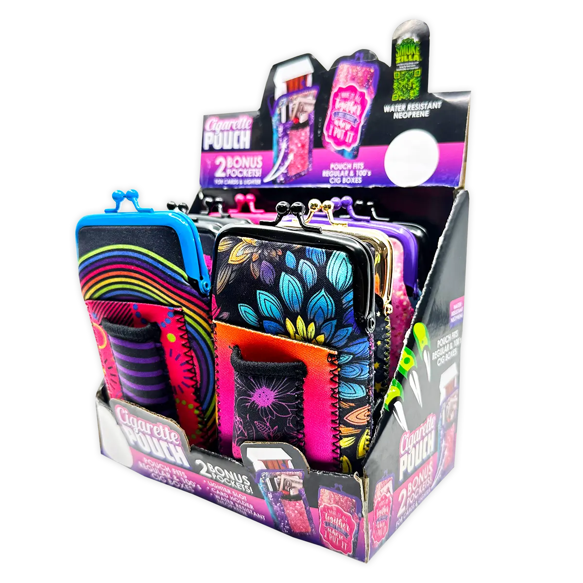 Neoprene Cigarette Pouch with Pocket - 8 Pieces Per Retail Ready Display 25089 SMOKEZILLA