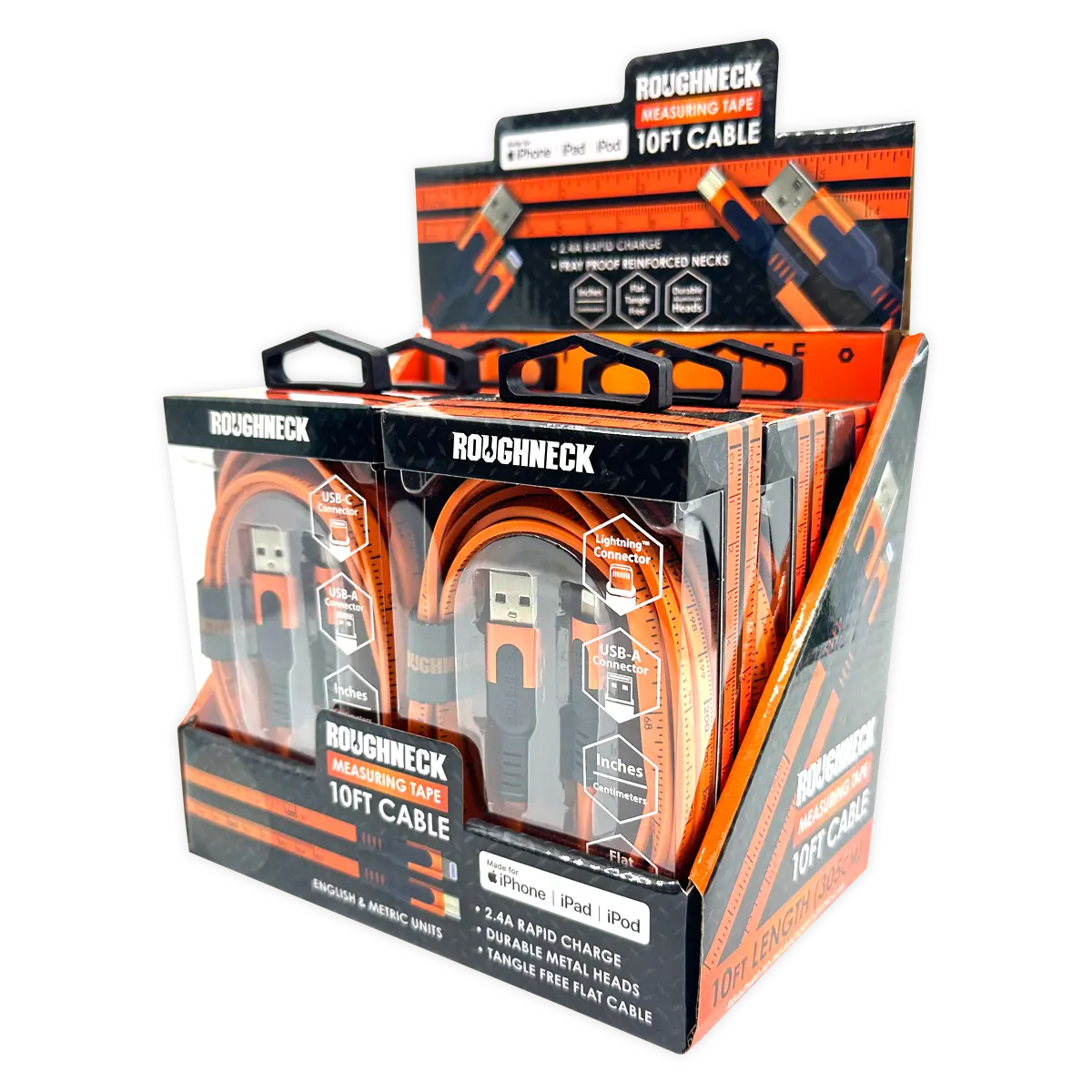 Charging Cable Flat Tape Measure Assortment 10FT 2.4 Amp - 6 Pieces Per Retail Ready Display  25090 ROUGHNECK