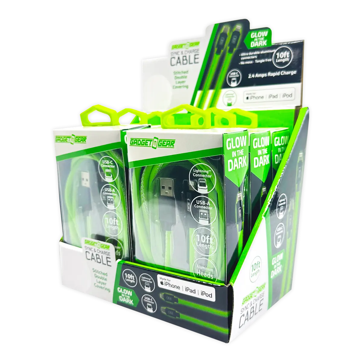 Charging Cable Glow in The Dark Assortment 10FT - 6 Pieces Per Retail Ready Display 25113 GADGET GEAR
