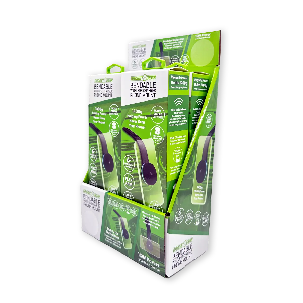 Bendable Wireless Charger Magnetic Phone Mount 15 Watts - 4 Pieces Per Retail Ready Display 25249 GADGET GEAR