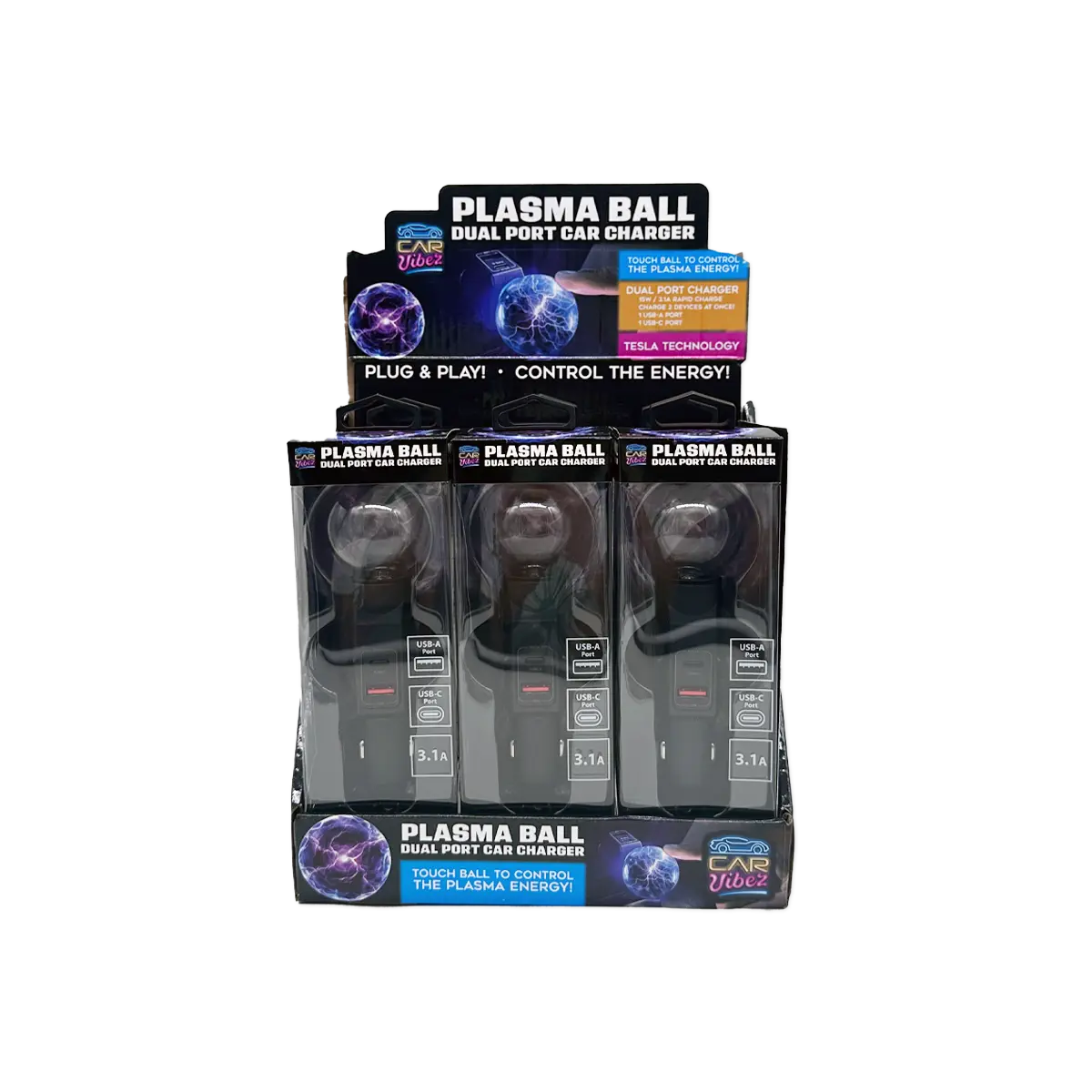 Car Charger Dual Port USB-A/USB-C 3.1-Amp Plasma Ball - 3 Pieces Per Pack 41785 CAR VIBEZ