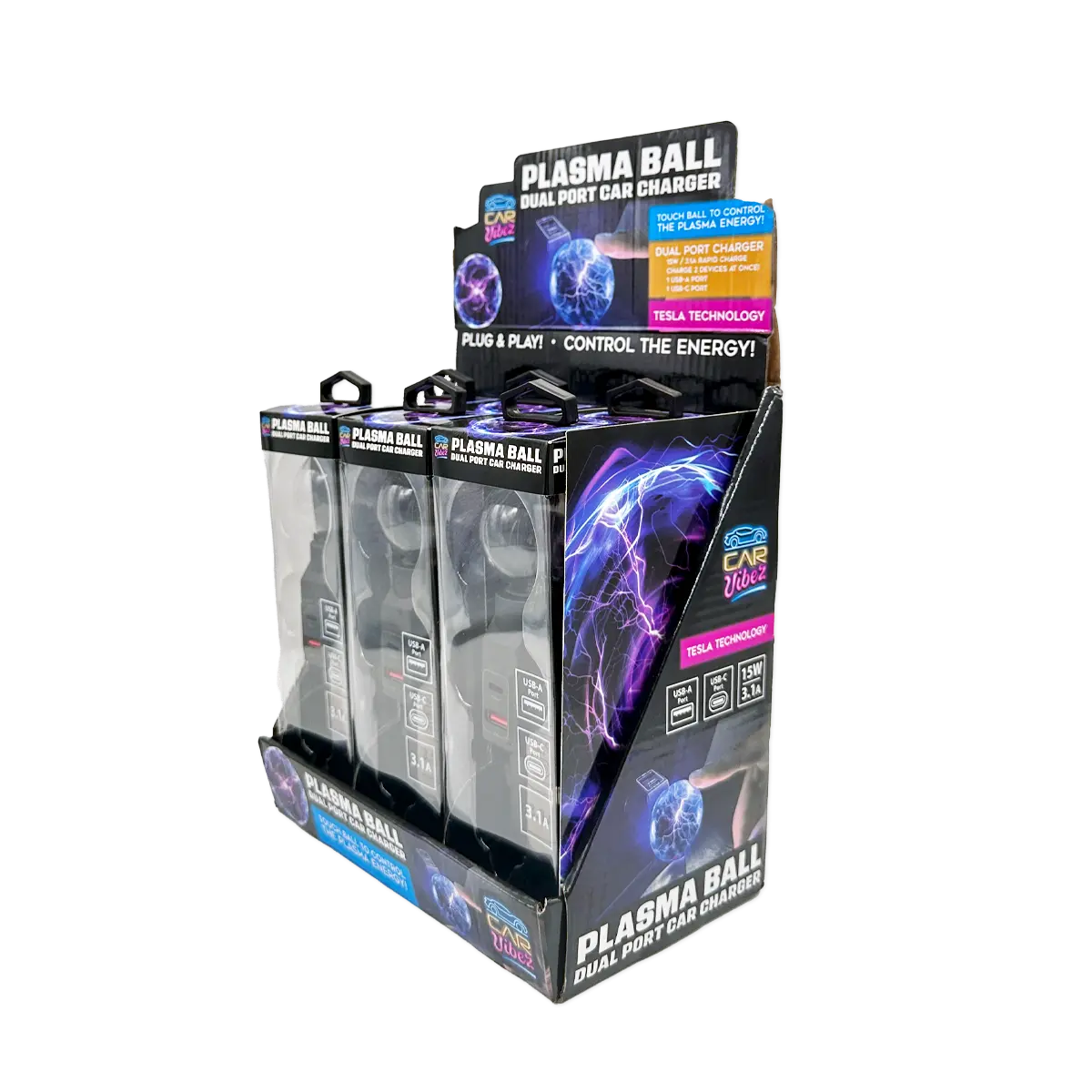 Car Charger Dual Port USB-A/USB-C 3.1-Amp Plasma Ball - 3 Pieces Per Pack 41785 CAR VIBEZ