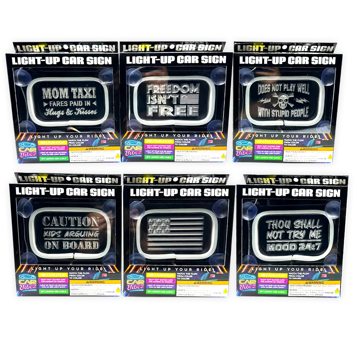 Light-Up Patriotic Parent Suction Cup Mount Car Sign - 6 Pieces Per Retail Ready Display 25319 CAR VIBEZ